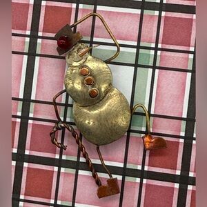 Vintage Christmas Snowman Brooch Pendant Red Modern Handmade Art Gift Metals